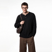 T-shirt à manches longues oversize pour homme QUICKSHOW Streetwear Old Money Waffle Knit Henley 250GSM