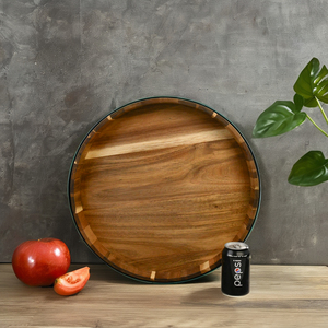 Bandeja de servicio de madera de acacia grande personalizada al por mayor, mesa de centro redonda otomana con bandeja Ins hecha a mano para restaurante y uso doméstico - Product Image 1