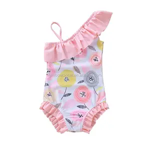 बच्चे लड़कियों Ruffles एक कंधे Jumpsuit Swimwear के बच्चों गुलाबी पुष्प तेंदुए प्यारा बिकनी समुद्र तट पहनते हैं कपड़े