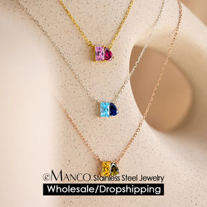 Collar con Colgante Doble <span class=keywords><strong>de</strong></span> Acero Inoxidable EManco con Circonita Cúbica en Forma <span class=keywords><strong>de</strong></span> Gota <span class=keywords><strong>de</strong></span> Agua, Joyería Fina <span class=keywords><strong>de</strong></span> Moda para Mujer, Ideal para Aniversario - Product Image 2