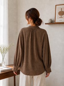 Chemise à manches longues marron à col roulé avec manches lanternes pour filles, style décontracté, couleur unie, tissu viscose, style automne - Product Image 4