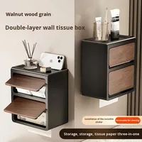 Boîte à mouchoirs murale à double niveau, grain de bois, moderne, durable, multifonctionnelle, pour salon, sans perçage, étagère de rangement