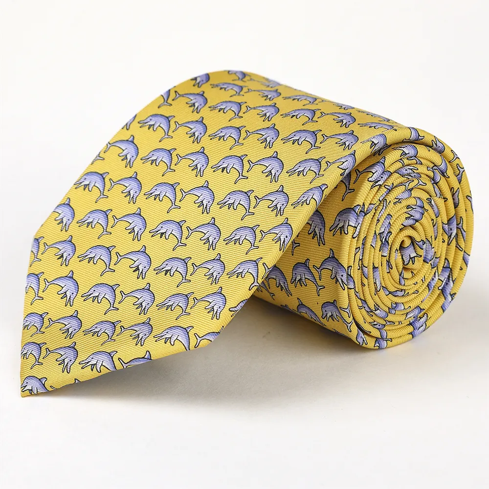 Wholesale Gold 100% Silk Hand Printed Novelty Male Slim Neckties Skinny Men Ties, Modern Sea Animal Ties