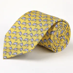 Wholesale Gold 100% Silk Hand Printed Novelty Male Slim Neckties Skinny Men Ties, Modern Sea Animal Ties