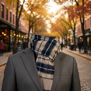 Beige <b>Navy</b> Blue Plaid Pattern Double Sided Scarf - Product Image 3
