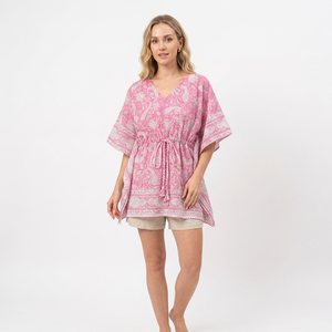 Bata de Dormir con Estampado Floral Hecho a Mano, Vestido Largo para Mujer, Kaftán Corto de Algodón, Túnica Cruzada Elegante, Vestido Largo de Playa - Product Image 1
