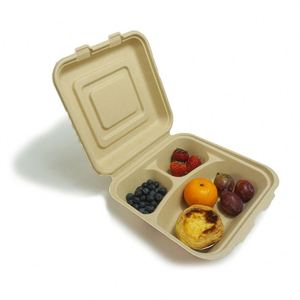 Boîte à clapet compostable jetable en pulpe de bambou à 3 compartiments de 9 pouces pour plats à emporter et fêtes - Product Image 2