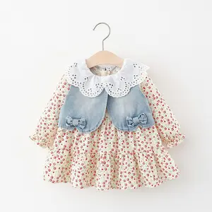 Осенняя детская одежда, оптовая продажа, комплекты для маленьких девочек, джинсовый жилет с бантом и платье с цветочным принтом