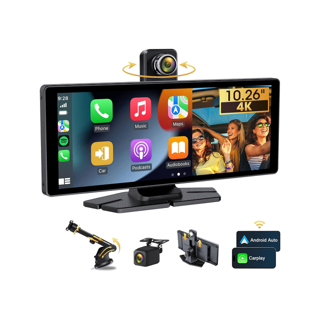10.26 Inch HD IPS Portable Wireless CarPlay Screen Car Stereo with Android Auto FM Car Radio and 4K Dash Cam