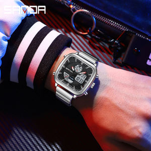 Orologio SANDA 9101 moda uomo doppio movimento quadrante quadrato con cinturino in acciaio multifunzione impermeabile Casual orologio da polso da uomo regalo - Product Image 5