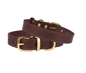 Kerah Anjing Kulit Dasar Klasik Anjing, Kerah Kulit Kuningan Solid Perangkat Keras - Product Image 1