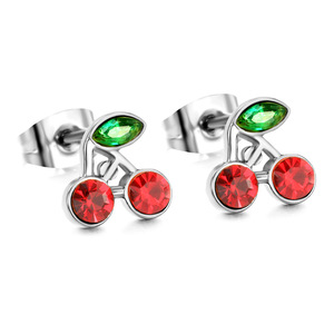 Pendientes de Cereza con Cristales Rojos y Verdes, Engaste de Bisel, Poste de Acero Inoxidable, Joyería de Regalo para Mujer - Product Image 5