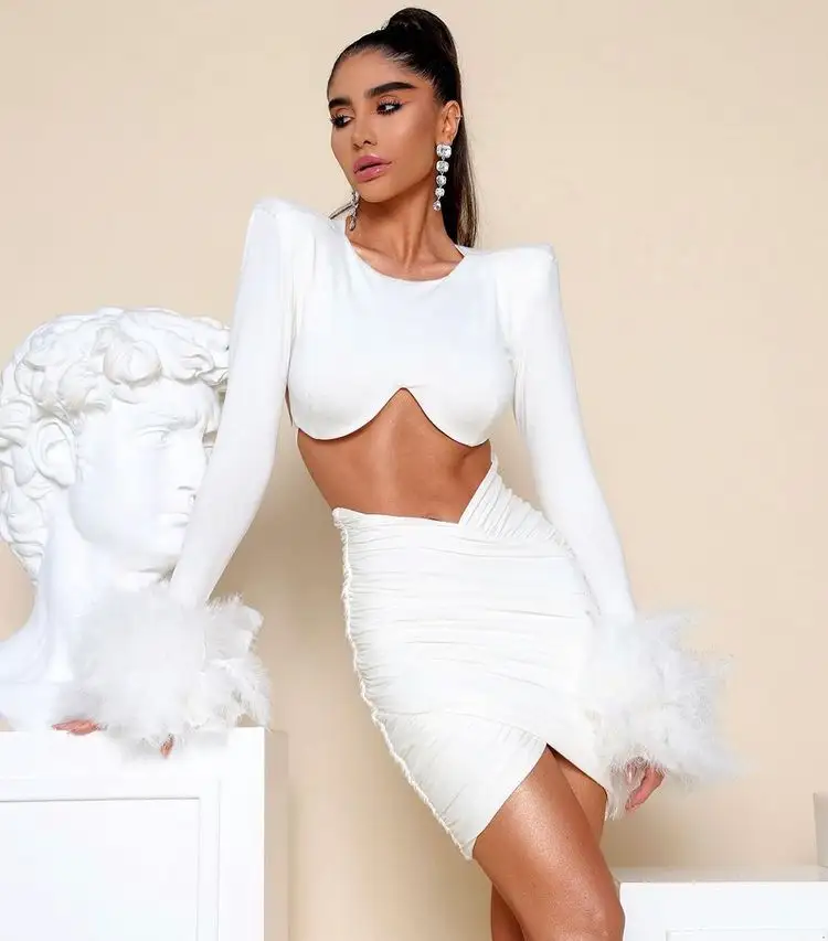 Sexy Spring Backless Feather Long Top and Mini Mesh Skirt Two Piece Set Women Clothing