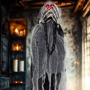 Decoración de Halloween: Esqueleto Fantasma Colgante con Ojos Rojos LED, Gasa Desgarrada y Cadena, Accesorio para Casa Embrujada - Product Image 3
