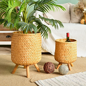 S/2 Farmhouse Rustic Brown Round Decorative Woven Bamboo Storage <b>Laundry</b> <b>Basket</b> with Wood Legs Organizer - Product Image 1