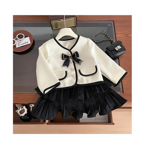 New Spot Wholesale Black Luxury Autumn Set Black Bow <b>Cardigan</b> Long-<b>Sleeved</b> Set + <b>Short</b> Skirt Girls Set Three-Piece Suit - Product Image 1