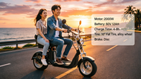 Scooter électrique Citycoco HR5 2000W 60V 12Ah avec batterie au lithium, deux roues, étanche et démarrage/arrêt