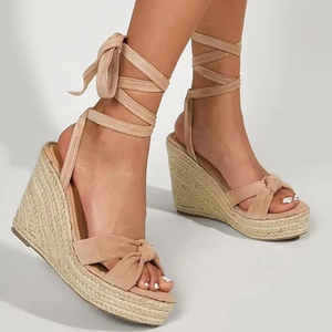 Sandales <span class=keywords><strong>compensées</strong></span> d'espadrille conçues par un fabricant personnalisé de mode d'été couleur abricot talon moyen Peep Lace-up Front Knot Front Tie - Product Image 6