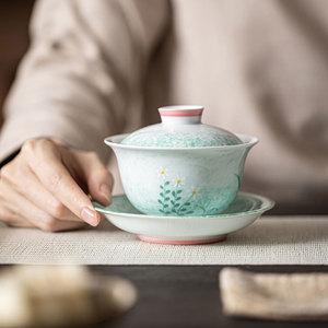 Hand Painted Reed Gaiwan <b>Teacup</b> Set Sprinkled Green Ceramic Three Piece Large Size Heat Resistant For Home Use - Product Image 3