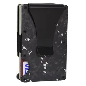 Chủ thẻ kim loại tối giản với tiền Clip RFID chặn túi phía trước mỏng giả mạo ember sợi carbon Ví