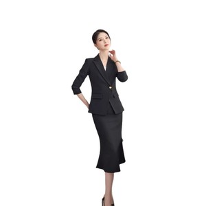 Women's Suit Set Black Jacket And Skirt Two Piece Office Lady Workwear Anti Wrinkle Worsted Fabric Commute Style - Product Image 5