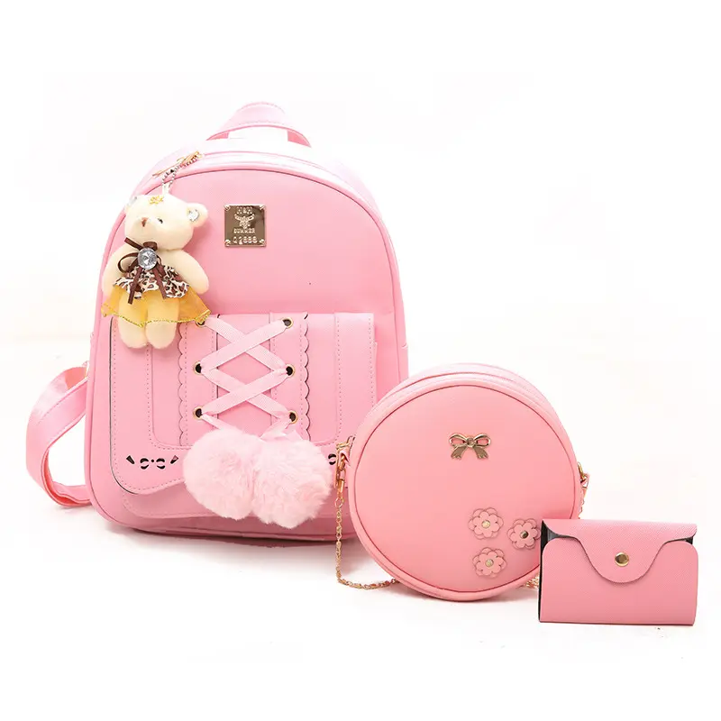 Wholesale Korean style Pu durable 3pcs set backpack back pack bagpack Girl School bag Backpack