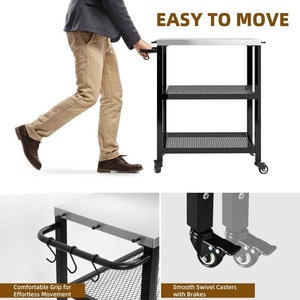 Commercial Kitchen Stainless Steel 3 Tier Food Prep Cart Rolling Storage Rack with Mesh <b>Shelves</b> and <b>Hooks</b> - Product Image 3