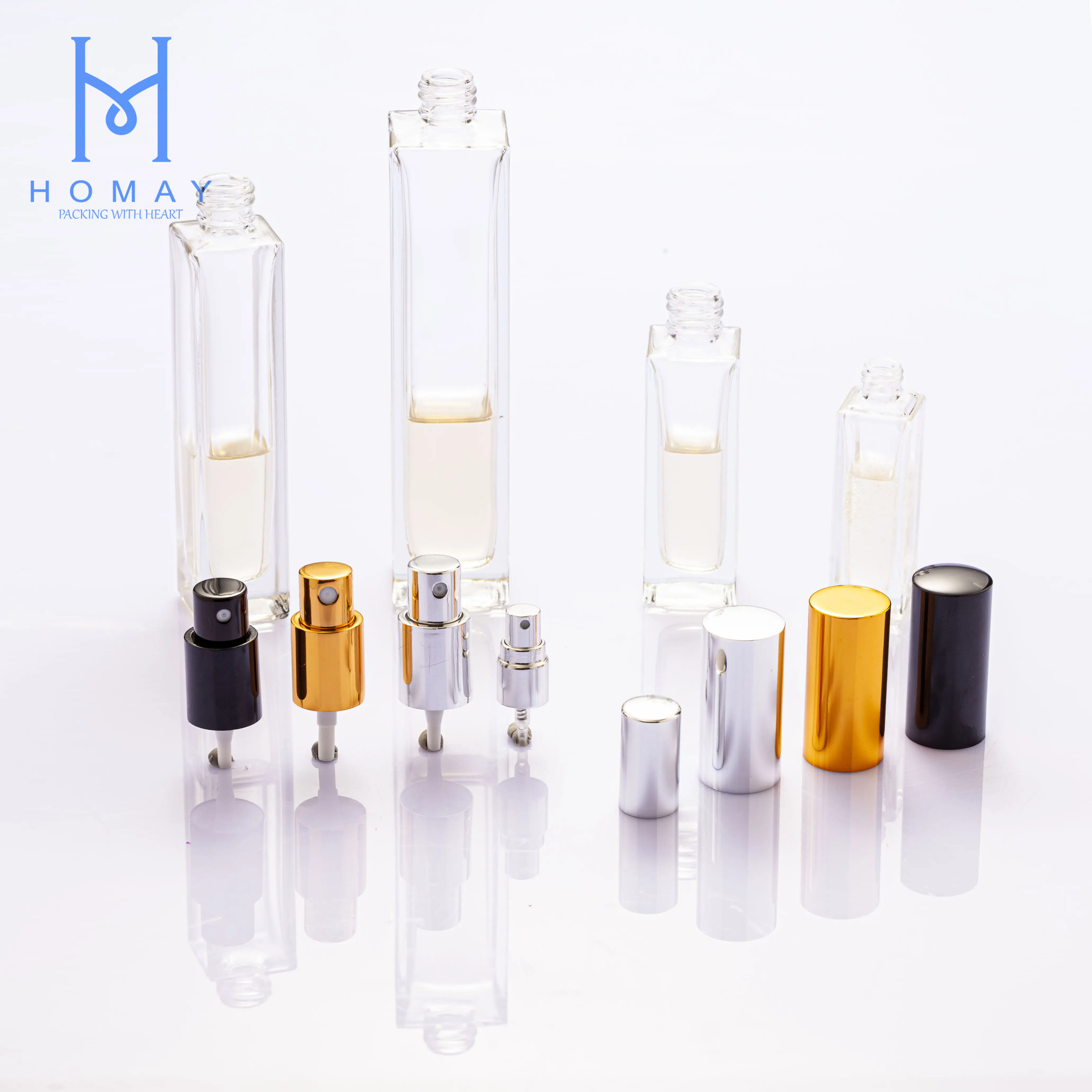 Embalagem Homay tampa de vidro para perfume, tampa quadrada longa de alta qualidade de 10ml, 30ml, 50ml e 100ml, óxido de alumínio para cosméticos
