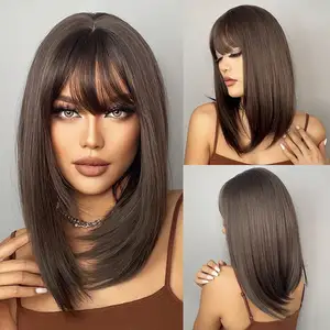 Dark Brown Medium Long Bob Synthetic Wigs With Bangs For Women Layered Hair Natural Straight Wigs Human Hair Heat Resistant