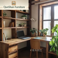 Table d'angle en bois massif en forme de L et bibliothèque, table double tout-en-un, bureau d'étude, bureau d'ordinateur