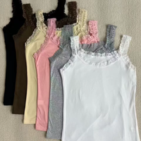 Débardeur Camisole Femme en Satin Modal à Bretelles Fines avec Bordure en Dentelle, Coupe Ajustée, Basique, Sous-vêtement, Vêtement de Détente Décontracté