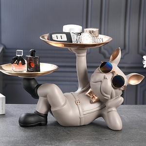 Cool Resin Dog Statue Black 2 Metal Trays with Cute Glasses French Bulldog Figurine Sculptures Home <strong>Decor</strong> Gift - Product Image 4