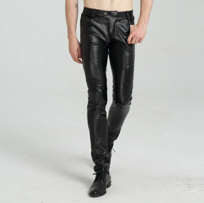 Pantalon slim en cuir Pu pour hommes, coupe étroite, décontracté, en velours pu, personnalisé, haute qualité