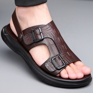 Sandalias Planas de Cuero Genuino para Hombre, Punta Abierta, Suela de Goma, Casuales, Cómodas, Transpirables, Antideslizantes, con Estampado de Leopardo, para Playa - Product Image 2
