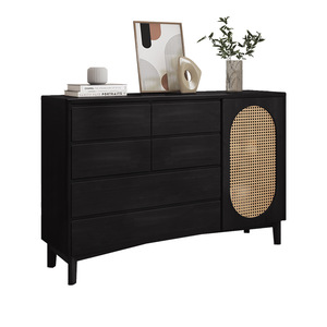 Midcentury Modern Solid Wood Dresser With Rattan Panel Six Drawers Freestanding <b>Storage</b> <b>Cabinet</b> For Bedroom Living Room - Product Image 3