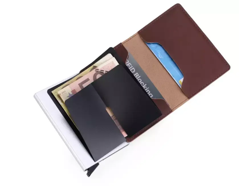 कस्टम लोगो यात्रा Minimalist धातु बटुआ आरएफआईडी अवरुद्ध ऑटो पॉप अप पु चमड़ा क्रेडिट कार्ड धारक के साथ एल्यूमीनियम कार्ड का मामला
