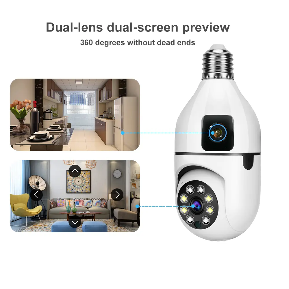 Caméra WiFi V380 à ampoule à double objectif Surveillance par webcam de plafond Surveillance réseau intelligente de sécurité à domicile