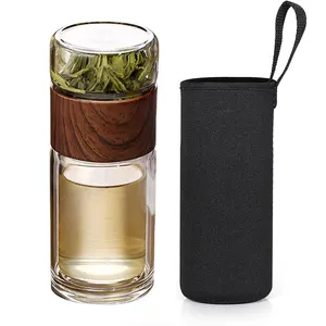 Separador de chá de vidro de parede dupla com filtro infusor de chá, copo de vidro à prova de vazamentos, copo de chá com cor de madeira para escritório