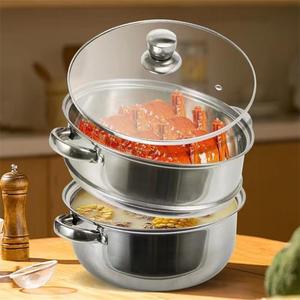 Vaporera eléctrica de 28 cm, multicapa, de acero inoxidable con tapa de vidrio para uso doméstico - Product Image 2