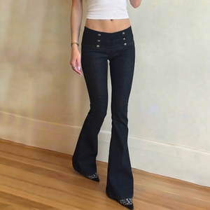 Y2K <b>vintage</b> low waist Napoleon button raw denim slim flared pants elegant fashion classic versatile long pants - Product Image 3