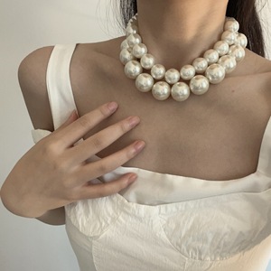 Stile retrò corte di alta qualità colore caldo grande collana di perle moda collana a catena a doppio strato per clavicola gioielli - Product Image 3