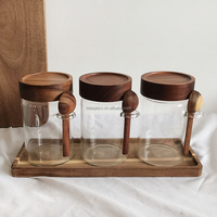 Récipients à café, sucre et thé avec cuillères, bocaux en verre avec couvercles et cuillères en bois, ensemble de 3 boîtes à café pour comptoir