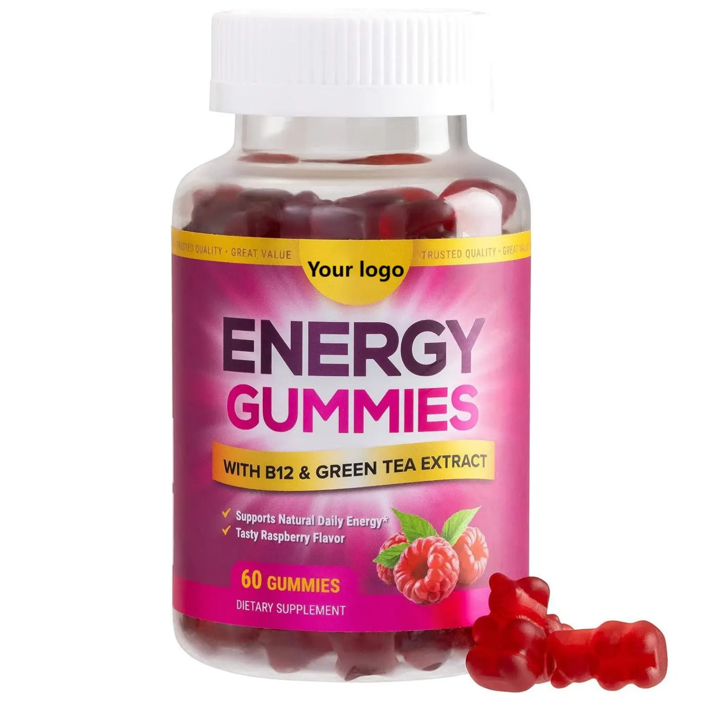 Özel etiket enerji Gummies Vitamin B12, YEŞİL ÇAY ve Guarana özü, enerji vitamini günlük gıda takviyesi