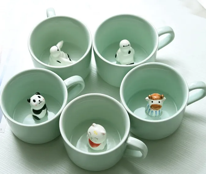 Celadon three-dimensional animal ceramic cup, mug advertising creative alliance wholesale mini cute 3D inside cyan color custom