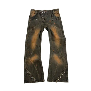 Pantalon vintage empilé pour homme, jean à boutons latéraux, jean en denim évasé empilé - Product Image 2