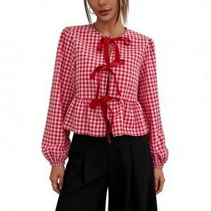 Chemisier Peplum à Nœud Imprimé Carreaux Vichy pour Femme - Haut Décontracté à Manches Longues et Ourlet Volanté Tendance - Product Image 1