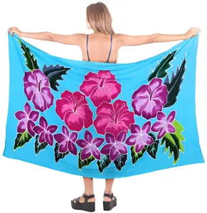 Turquoise with Hibiscus Flowers Beach Cover up Swimwear Bikini Custom Pattern Womens Sarongs Wholesale Multi Ways to Wear Sarong