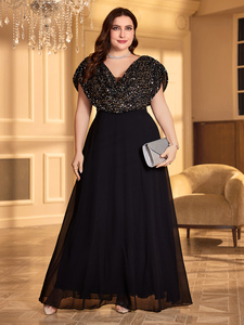 Abito <span class=keywords><strong>da</strong></span> <span class=keywords><strong>Sera</strong></span> Lungo in Chiffon Nero con Scollo a V, Maniche a Pipistrello e Paillettes per <span class=keywords><strong>Taglie</strong></span> Forti, Ideale per Cene, Matrimoni e Feste - Product Image 3
