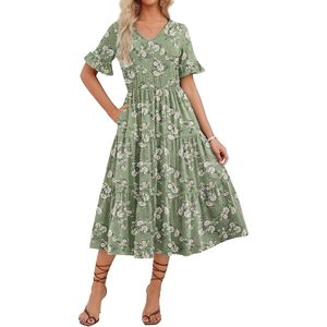 Women's Summer Floral Midi <b>Dress</b> V Neck Ruffle Short Sleeve A Line <b>Elastic</b> Waist Casual Beach <b>Dress</b> With Pockets - Product Image 1