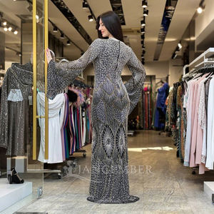 For TK34-10 3D Crystal Diamond <b>Black</b> Floor-Length Evening Mermaid Arabic Party Dress with Pearls <b>Feathers</b> Pleat Anti-Static - Product Image 2